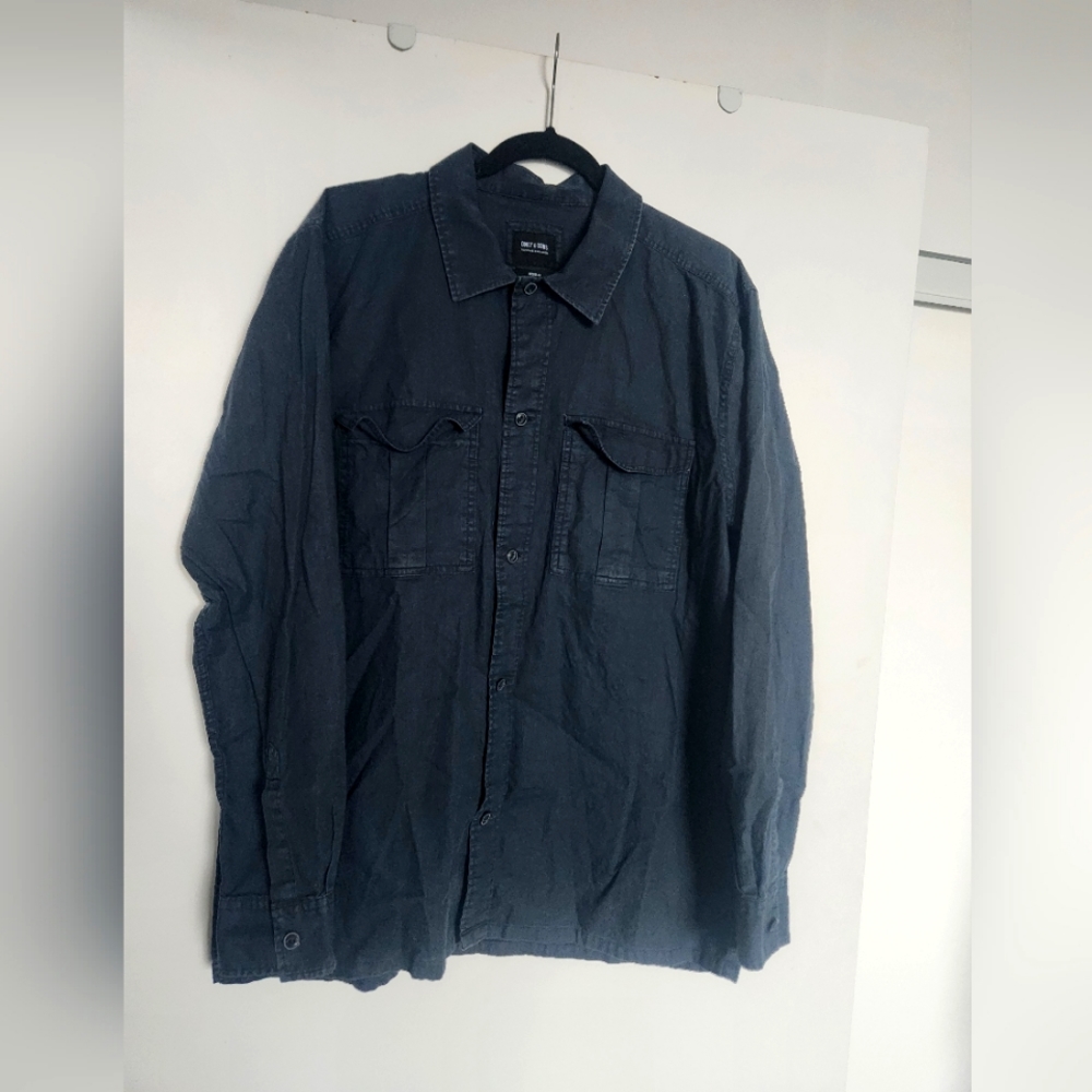 Only & Sons Linen Long-Sleeve Button Down (Gray-Blue, Size XL)